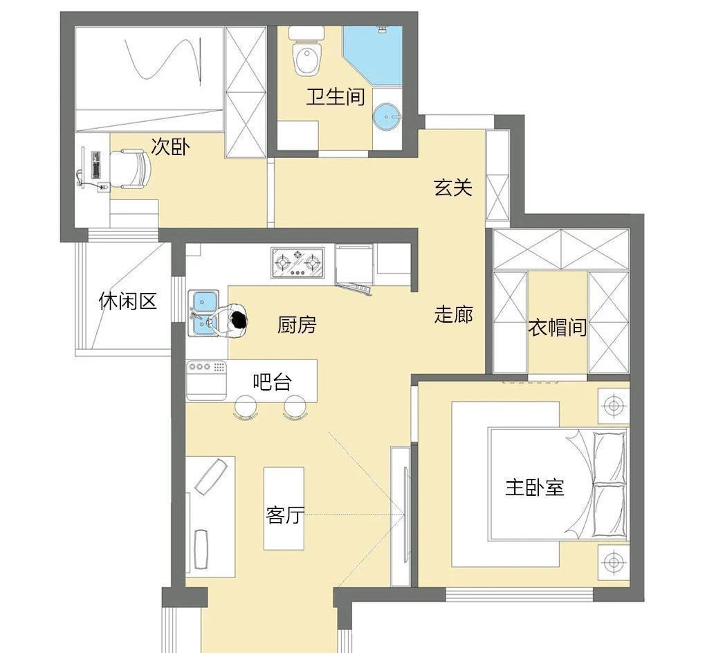 吧台|80㎡奇葩两房半户型，餐厨融合打造吧台当餐桌，主卧挤出衣帽间