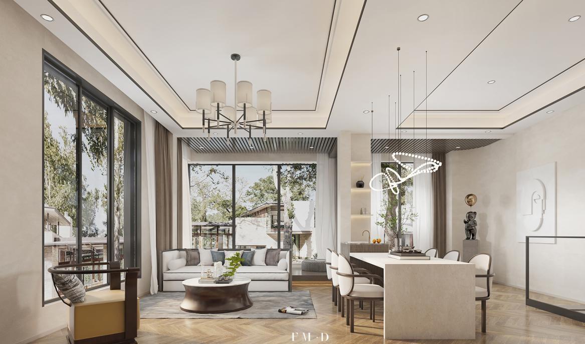 简餐台|130㎡+顶楼54㎡的顶复式,没有红木与雕花的新中式,依然美到心底