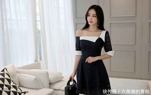 黑色|韩国模特孙允珠韩版白色领子拼接黑色镂空斜肩收腰连衣裙网拍