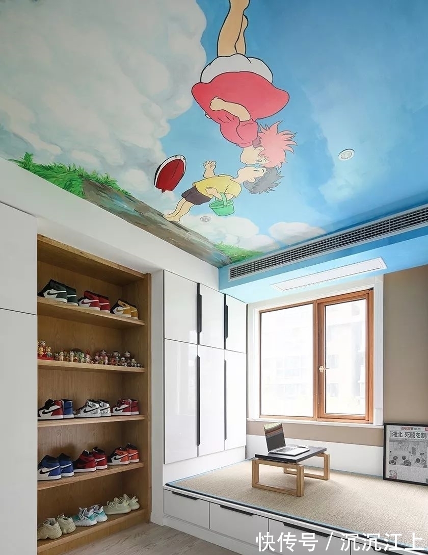 皮艺|130㎡现代简约,书房天花是幅画,活力舒适好童趣