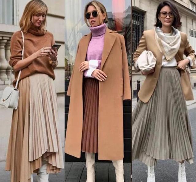 裙子 冬天不能没裙子,现在流行“过膝百褶裙”,既能搭大衣又能配棉服