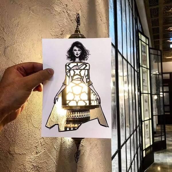 shamekh#这才是灵魂插画师！手绘图只画一半也惊艳，这衣服效果比高定还美