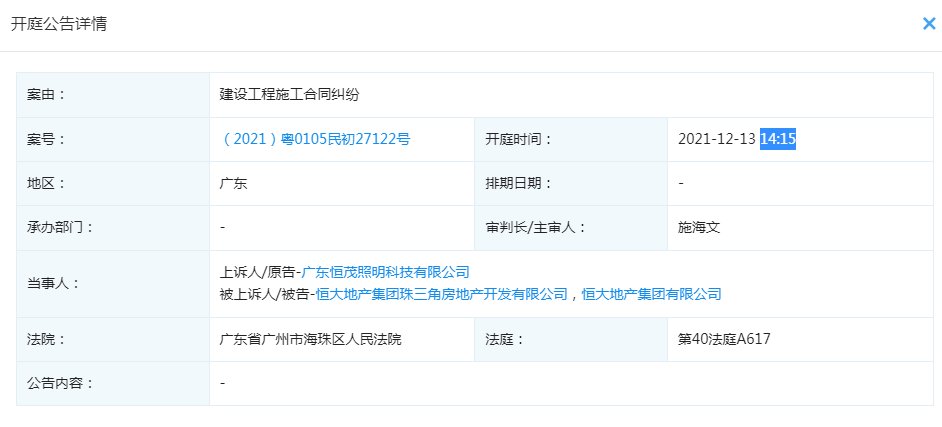 代表人|广东恒茂照明状告恒大地产，案由系建设工程施工合同纠纷