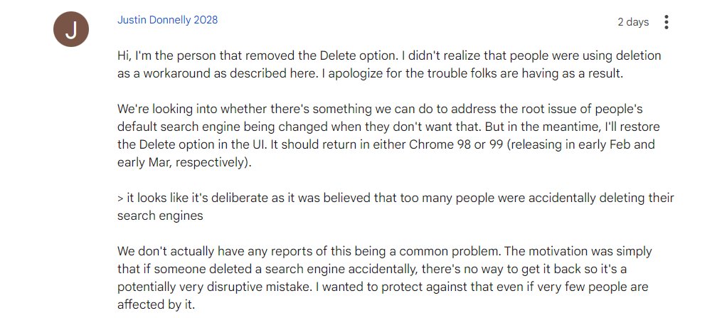 justin|谷歌 Chrome 97 浏览器无法删除默认搜索引擎，引发用户批评