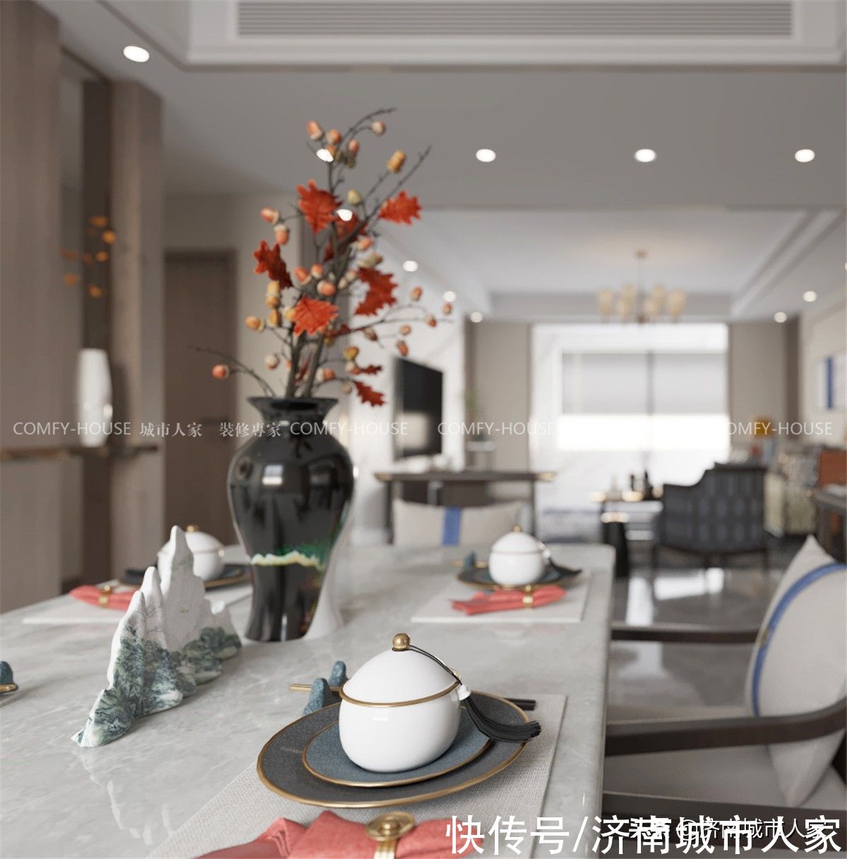 中式|祥泰城中式轻奢三室两厅装修效果图