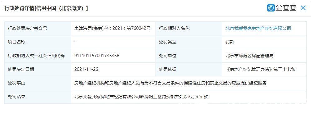 经纪|我爱我家北京公司被北京海淀区取消网签资格，企查查显示公司多次受罚