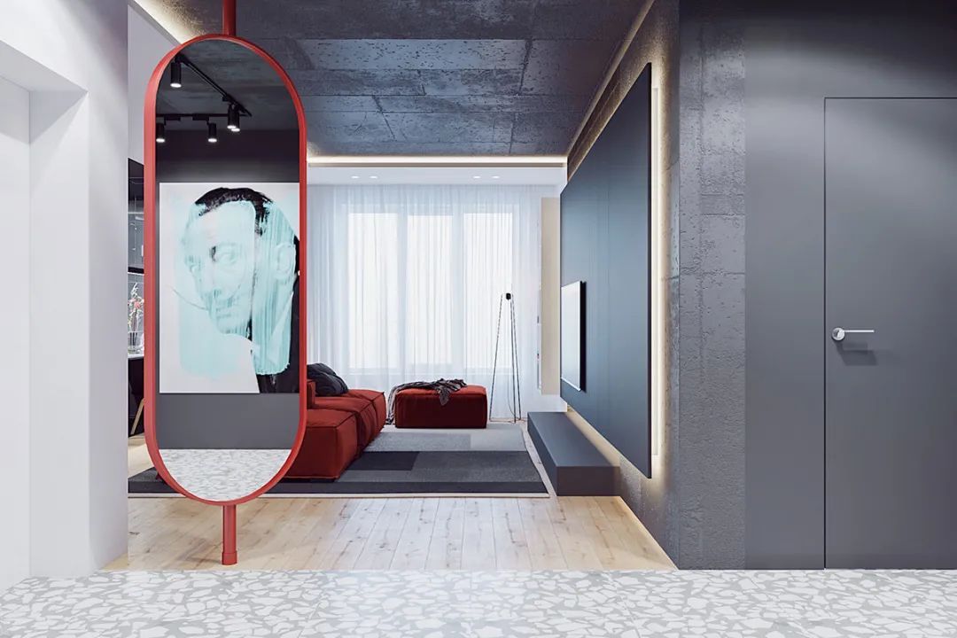 深灰色|88㎡现代极简，高级灰的空间，时尚红的点缀，成熟端庄的设计美