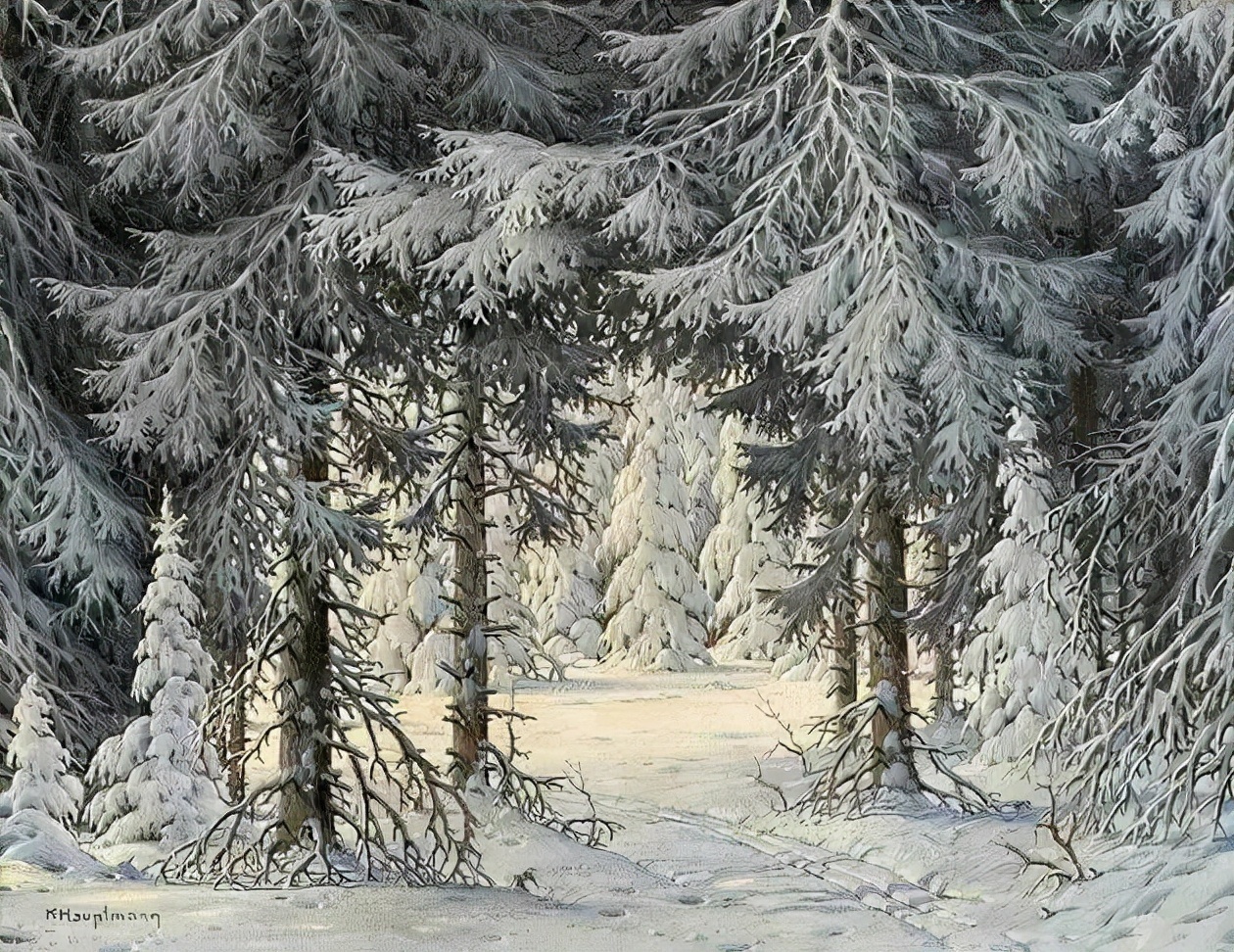 油画$德国画家Karl Hauptmann风景油画作品，用画笔见证美丽的雪景。