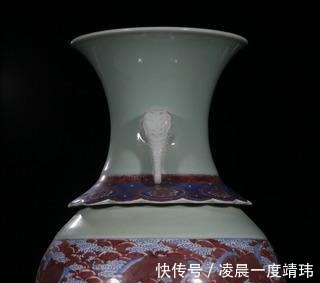 青花@清中期,粉青釉青花釉里红双象耳赏瓶