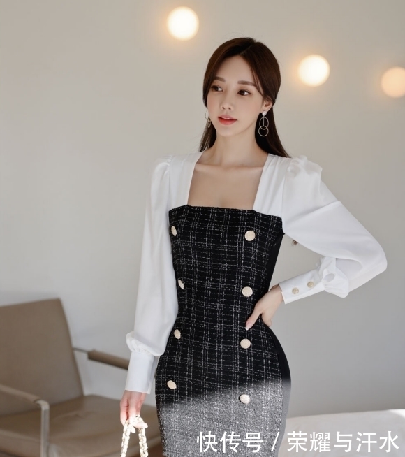 美人图鉴孙允珠：晶莹钻黑镶白竖扣灯笼袖衣裙