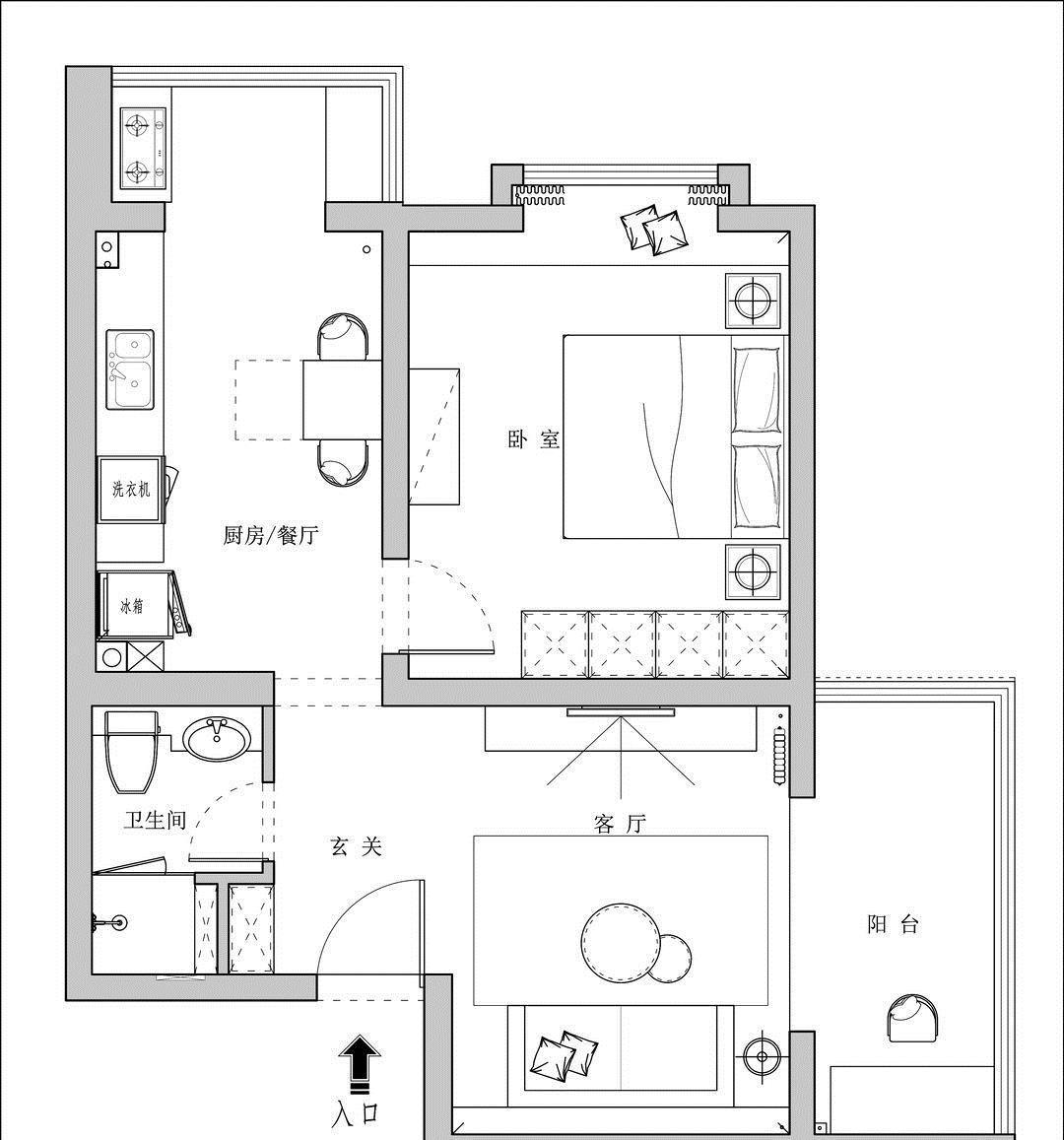 卫生间|53平米小户型,全屋不吊顶只走一圈黑色线条,简洁大方,太明智了
