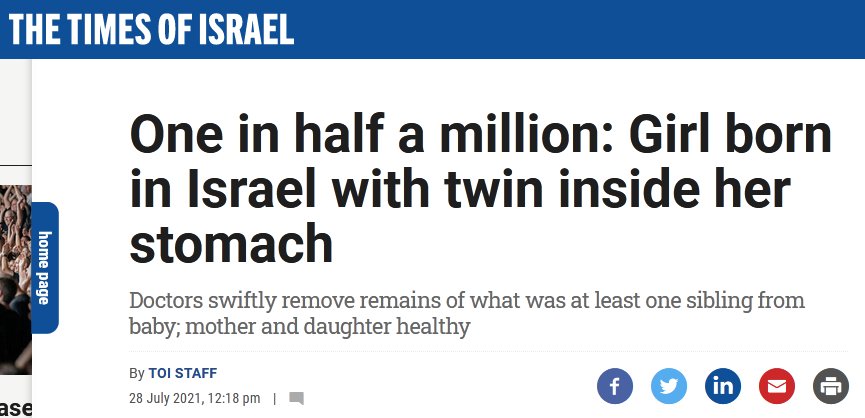 以色列时报|极罕见！以媒：以色列一女婴出生时肚子里还有一个双胞胎胚胎