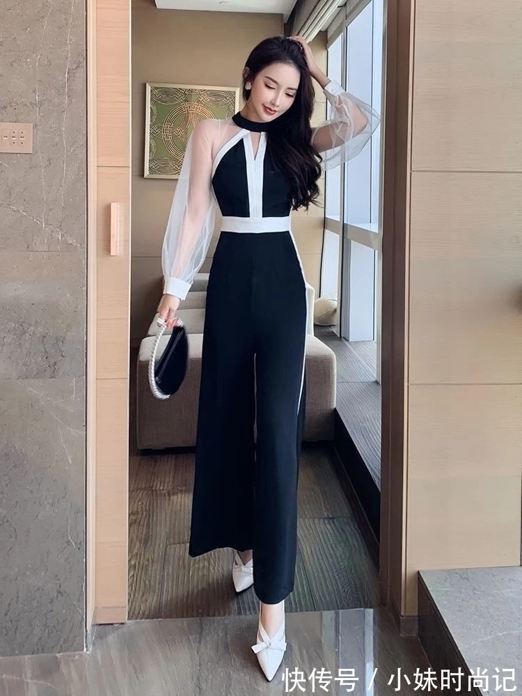 穿搭|法式黑白网纱拼接,穿出赫本风,名媛气质连体裤
