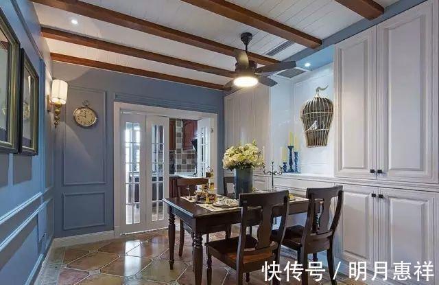 美式|143平米四室新房，蓝色背景墙，花纹吊顶，经典美式风格