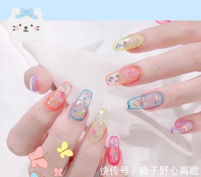 甲片|夏日漫画感透色美甲,色彩搭配很清爽,谁见谁不爱呢!