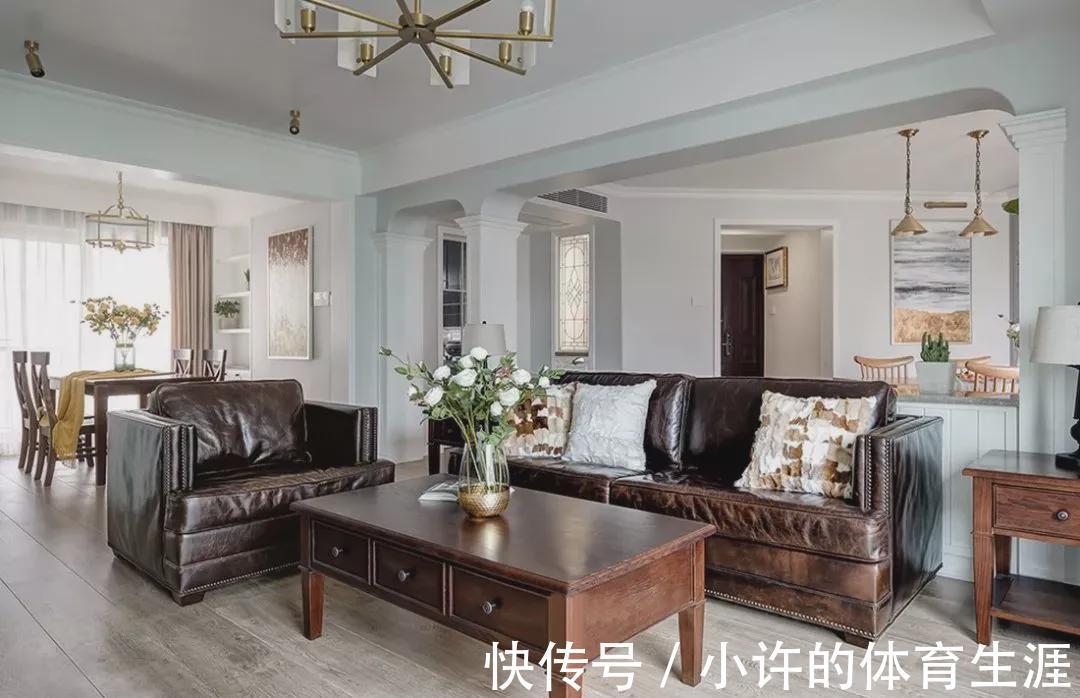 地砖|147㎡美式小豪宅,玄关六边形地砖美极了,原木餐厅低调大气