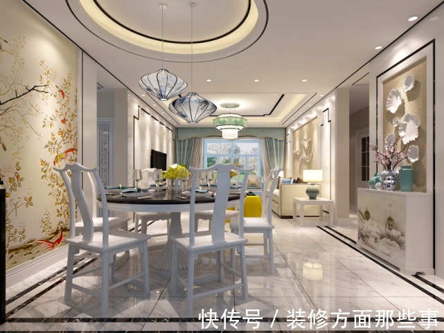 吊顶|260平新中式四居室，客厅采用回字形吊顶，加中国元素点缀