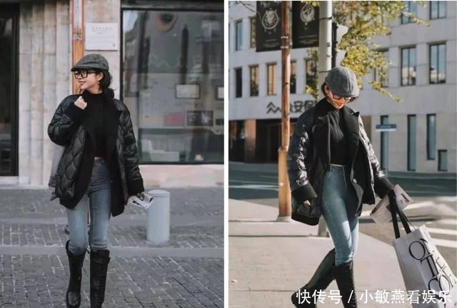 羽绒服+骑士靴,羽绒服+碎花裙,冬天这么穿又美又飒