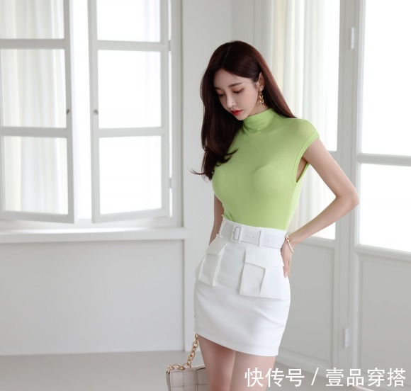 孙允珠|女神孙允珠高清时尚搭配:炫烁金绿简约都市丽人无袖裙