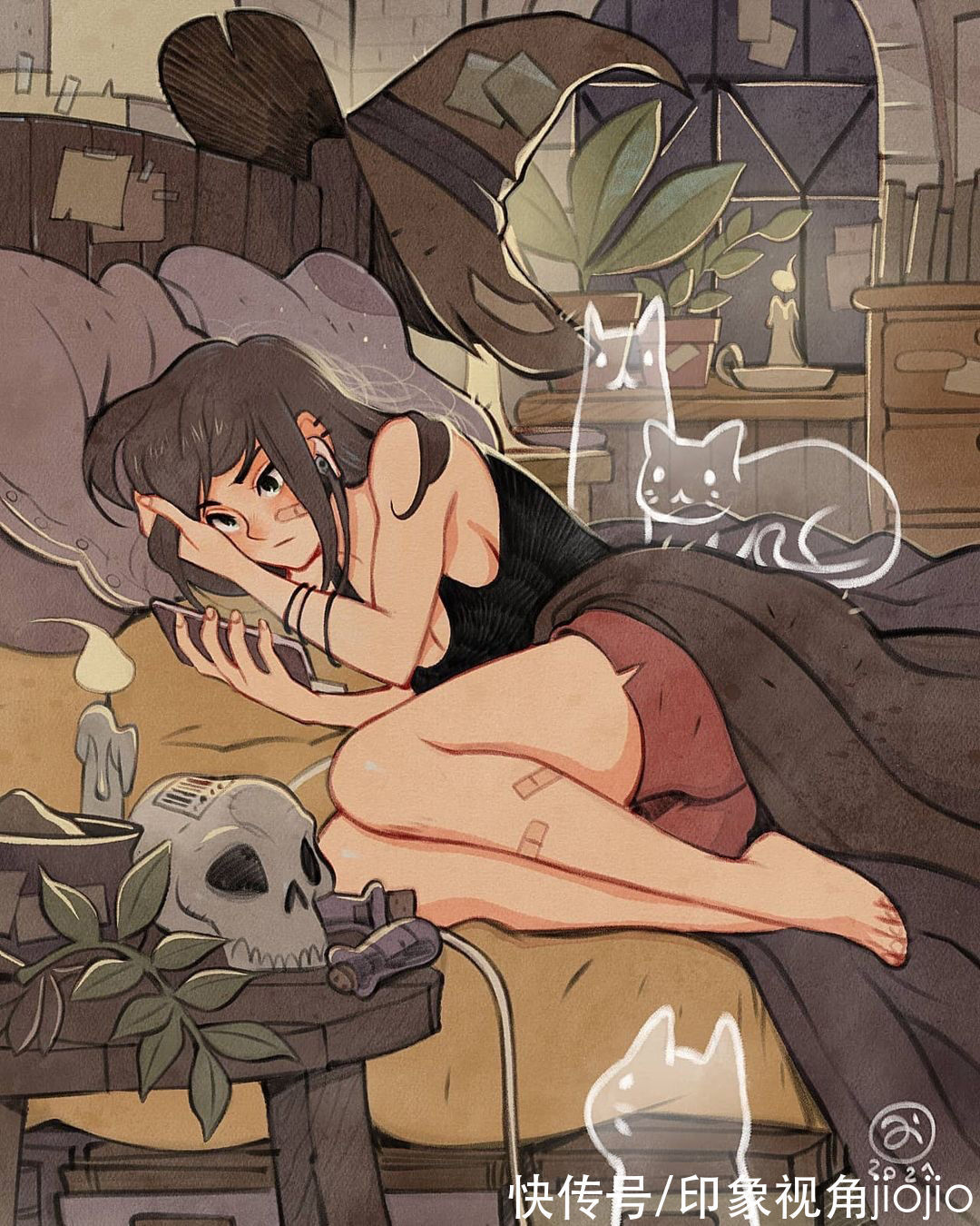 日常插画#复古风的女巫日常插画作品,猫咪灵魂陪伴设定太有爱了