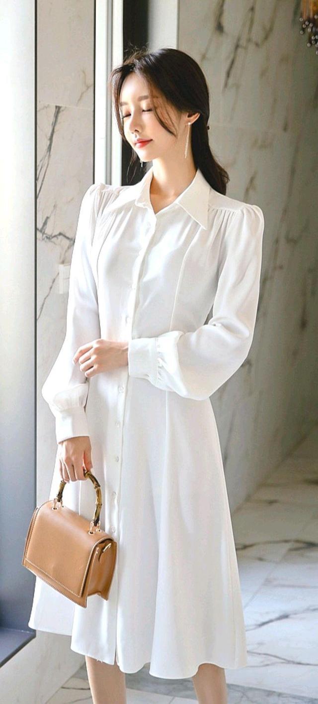 孙允珠时尚穿搭收腰长款白色衬衫连衣裙