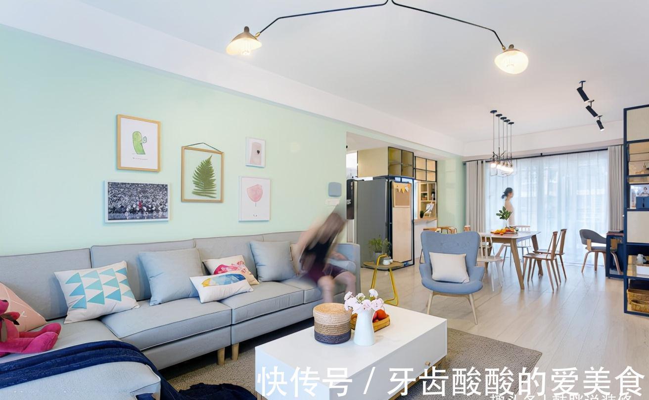 餐边柜|120㎡极简新房,清亮的薄荷绿墙面,吧台和餐边柜是最大亮点