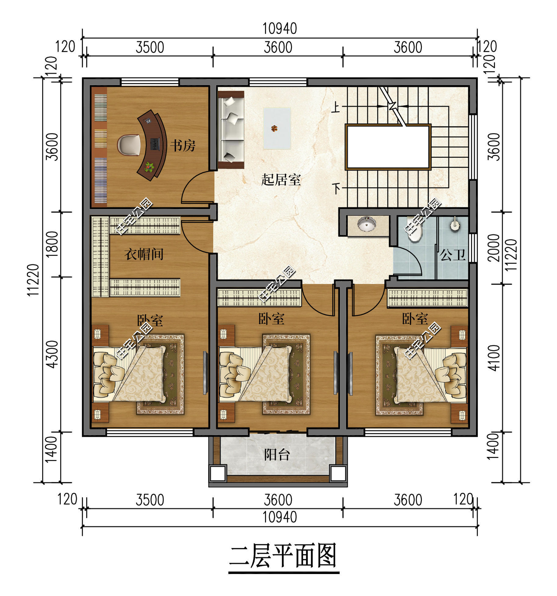 实用|开放式客厅+朝南卧室+西墙无窗，10×11米二层别墅实用舒适